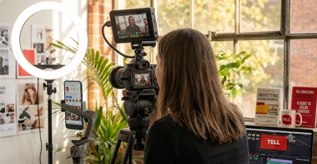 Content creator filming with camera