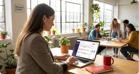 Social media executive working at desk